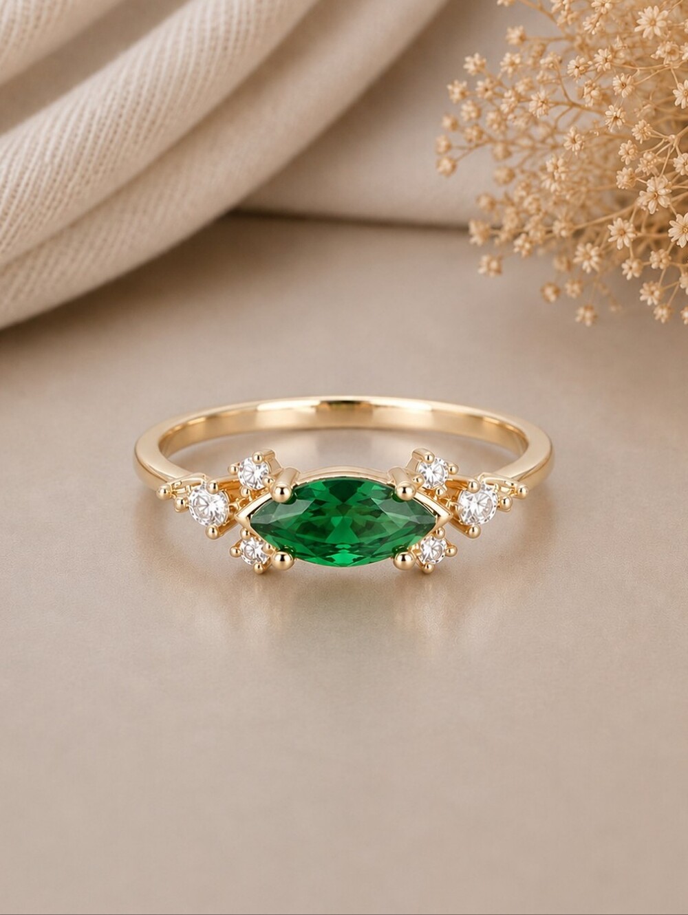 Emerald Green Marquise Halo Silver Ring